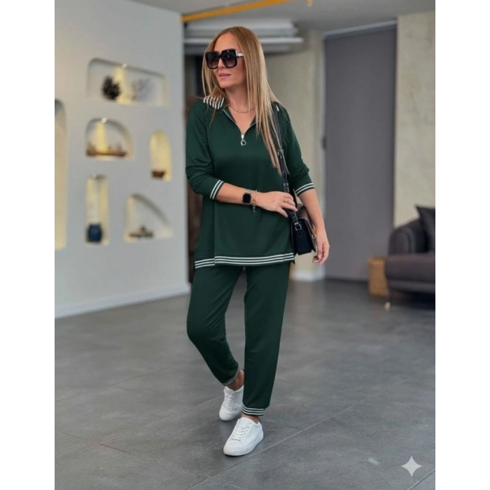 MARSiLYAN- Kadın Uzun Kollu Fermuarlı şerit Detay Desenli Alt üst Ikili Viskon Iki Iplik Takım