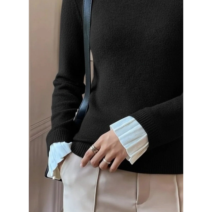 MARSiLYAN- Kadın Uzun Kollu Fırfırlı Yakalı Triko Bluz