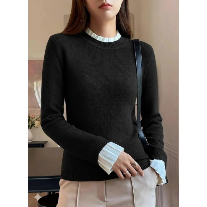 MARSiLYAN- Kadın Uzun Kollu Fırfırlı Yakalı Triko Bluz