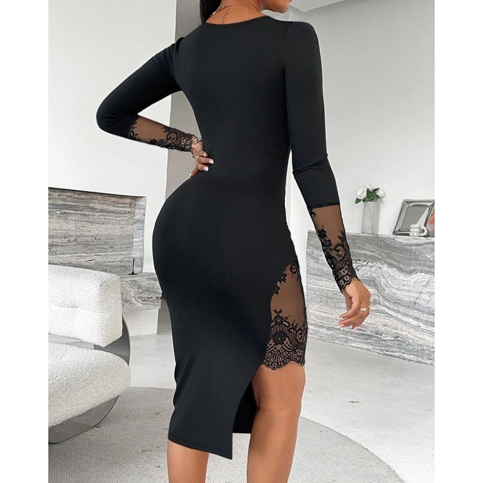 MARSiLYAN- Kadın Uzun Kollu Geometrik Yakalı Dantel Detaylı Midi Ithal Krep Elbise