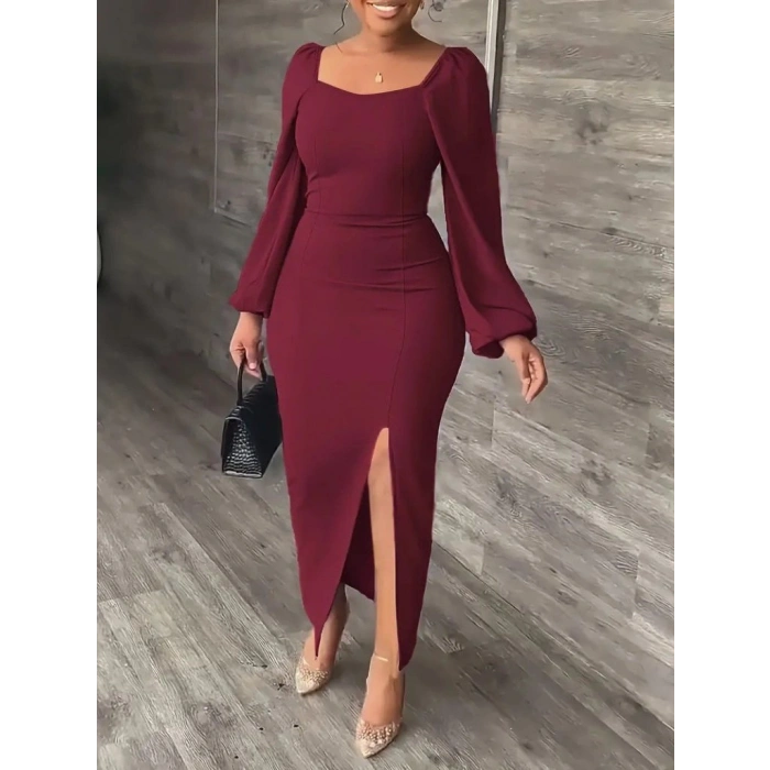 MARSiLYAN- Kadın Uzun Kollu Geometrik Yakalı Yandan Yırtmaçlı Uzun Janjan Krep Elbise