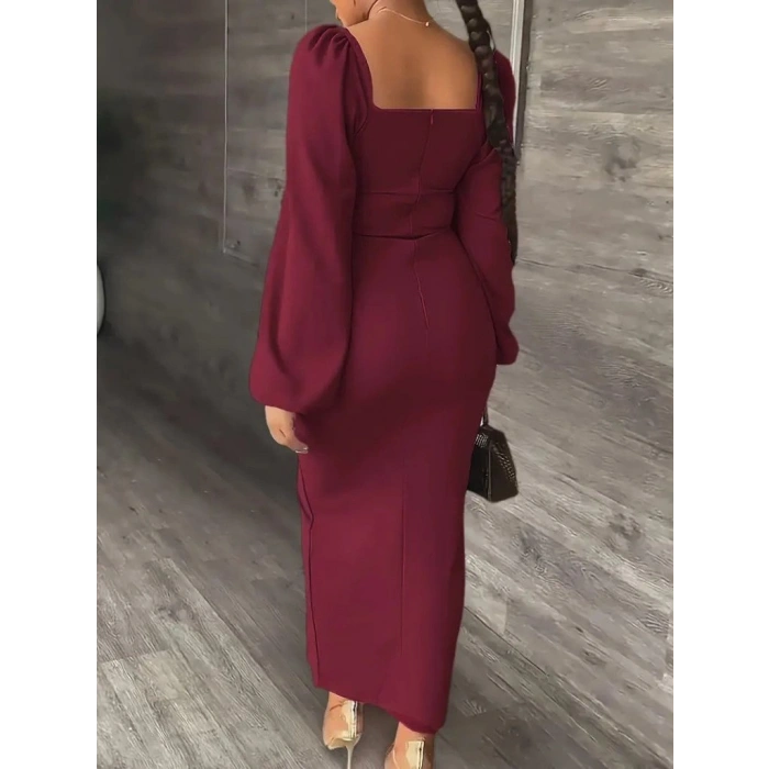 MARSiLYAN- Kadın Uzun Kollu Geometrik Yakalı Yandan Yırtmaçlı Uzun Janjan Krep Elbise