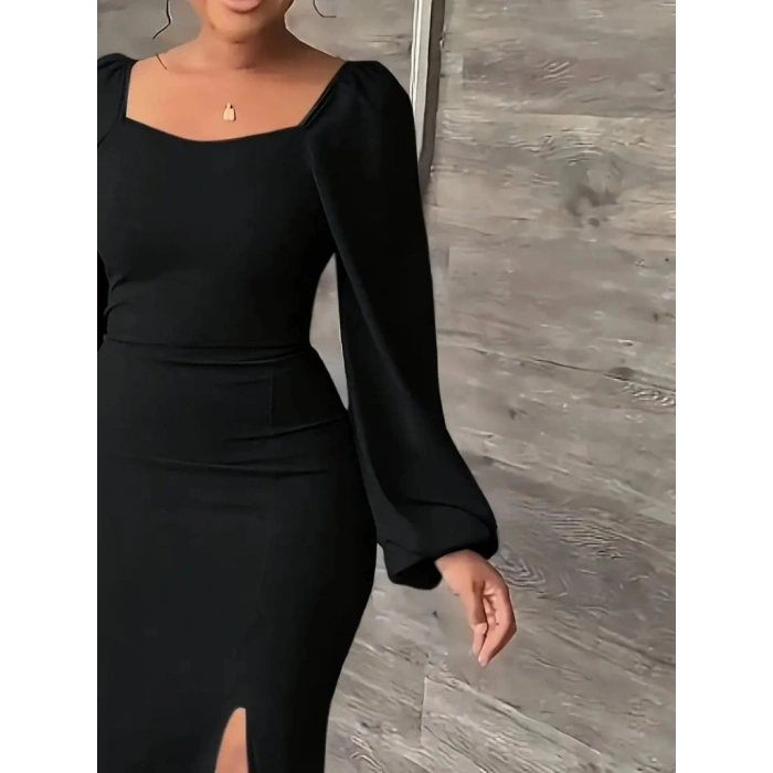 MARSiLYAN- Kadın Uzun Kollu Geometrik Yakalı Yandan Yırtmaçlı Uzun Janjan Krep Elbise