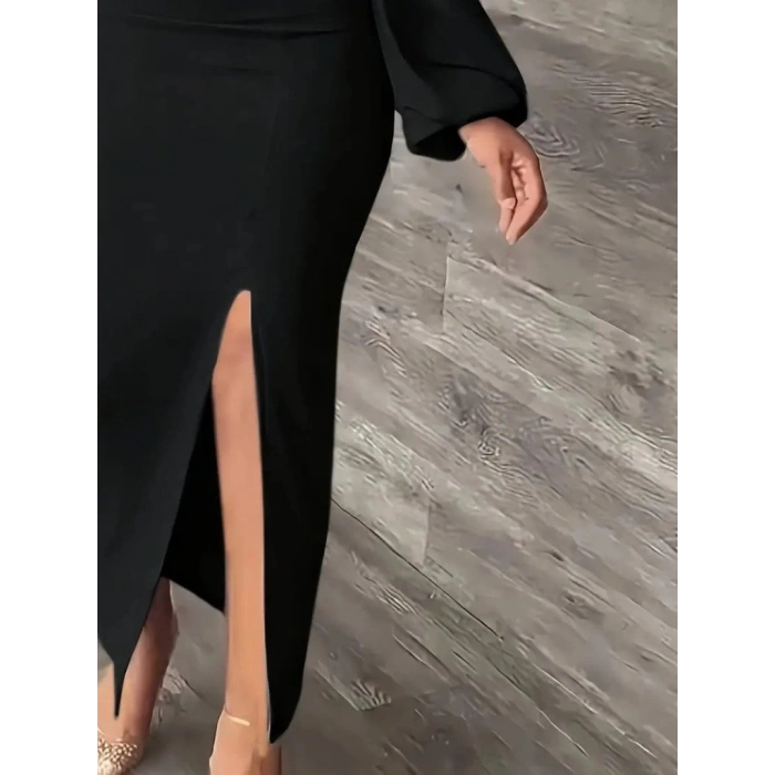 MARSiLYAN- Kadın Uzun Kollu Geometrik Yakalı Yandan Yırtmaçlı Uzun Janjan Krep Elbise