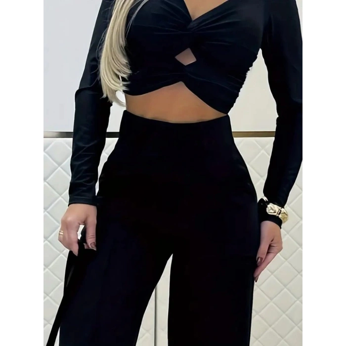 MARSiLYAN- Kadın Uzun Kollu Göğüs Dekolteli Ithal Krep Bluz Ve Pantolon Ikili Takım