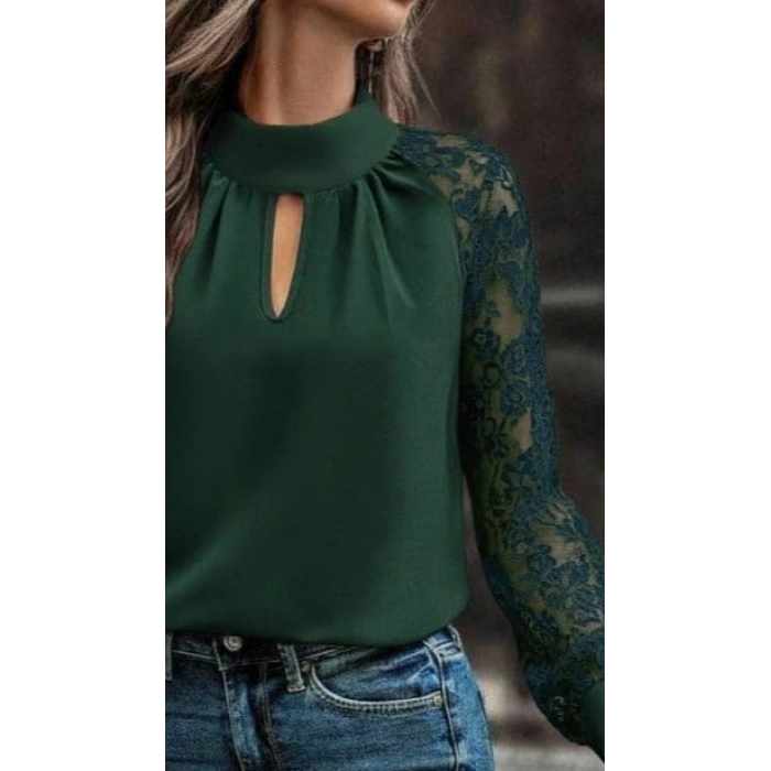 MARSiLYAN- Kadın Uzun Kollu Göğüs Pencere Detay Yaka Boğazlı Kolları Tüllü Sandy Bluz