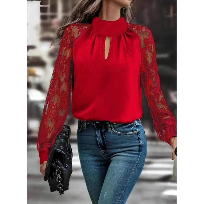 MARSiLYAN- Kadın Uzun Kollu Göğüs Pencere Detay Yaka Boğazlı Kolları Tüllü Sandy Bluz