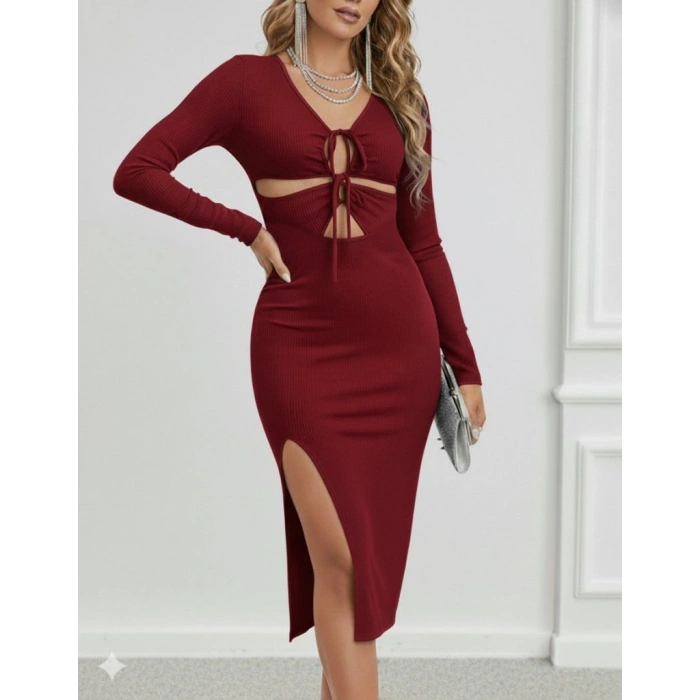 MARSiLYAN- Kadın Uzun Kollu Göğüs Ve Göbek Dekolte Detay Sandy Midi Boy Elbise