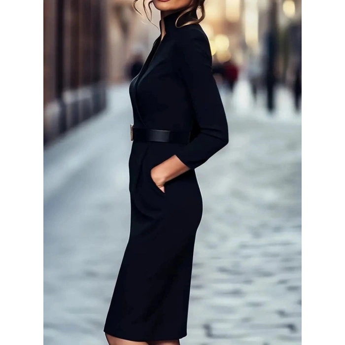 MARSiLYAN- Kadın Uzun Kollu Hakim Yaka Beli Kemerli Cepli Midi Ithal Krep Elbise