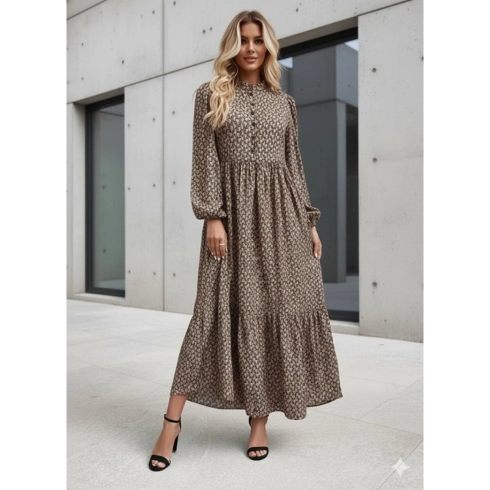 MARSiLYAN- Kadın Uzun Kollu Hakim Yakalı Düğmeli Kemersiz Desenli Maxi Süprem Elbise