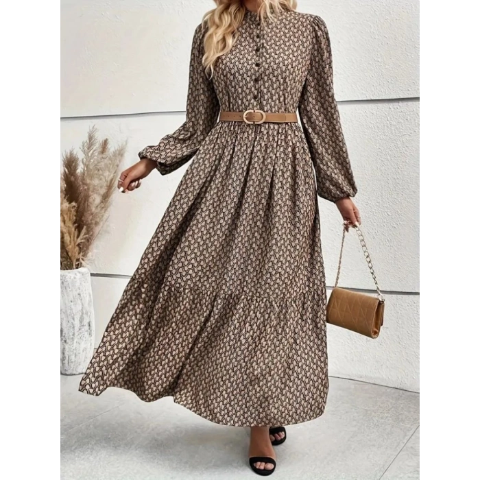 MARSiLYAN- Kadın Uzun Kollu Hakim Yakalı Düğmeli Kemersiz Desenli Maxi Süprem Elbise