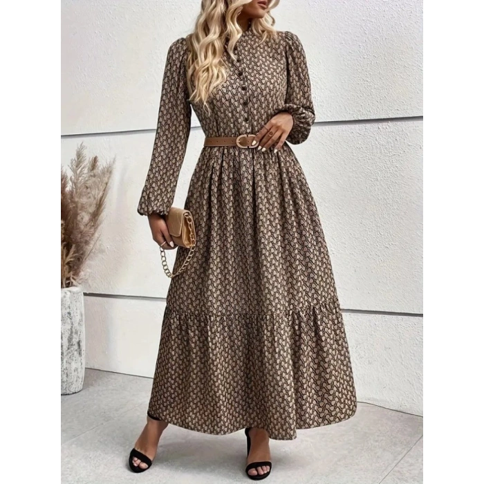 MARSiLYAN- Kadın Uzun Kollu Hakim Yakalı Düğmeli Kemersiz Desenli Maxi Süprem Elbise