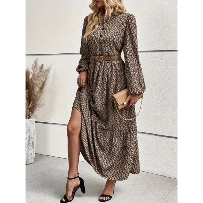 MARSiLYAN- Kadın Uzun Kollu Hakim Yakalı Düğmeli Kemersiz Desenli Maxi Süprem Elbise