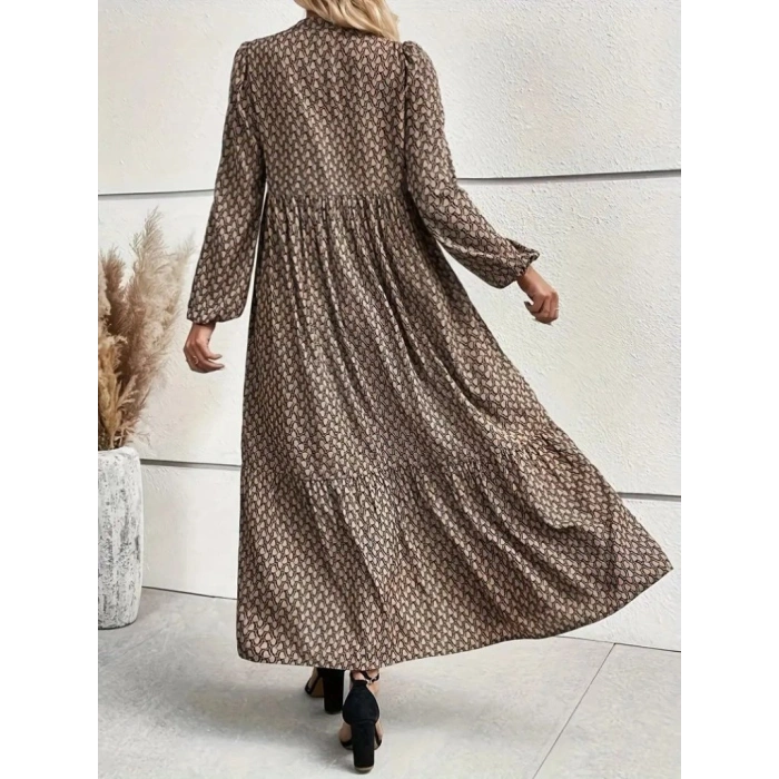 MARSiLYAN- Kadın Uzun Kollu Hakim Yakalı Düğmeli Kemersiz Desenli Maxi Süprem Elbise