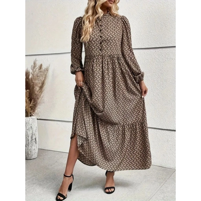 MARSiLYAN- Kadın Uzun Kollu Hakim Yakalı Düğmeli Kemersiz Desenli Maxi Süprem Elbise