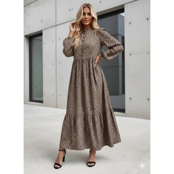 MARSiLYAN- Kadın Uzun Kollu Hakim Yakalı Düğmeli Kemersiz Desenli Maxi Süprem Elbise