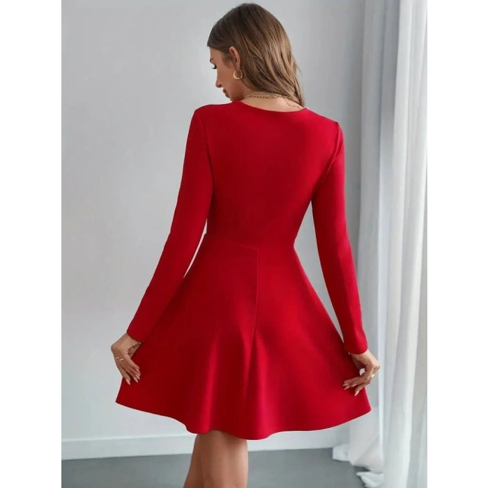 MARSiLYAN- Kadın Uzun Kollu Inci Yakalı Kısa Ithal Krep Elbise