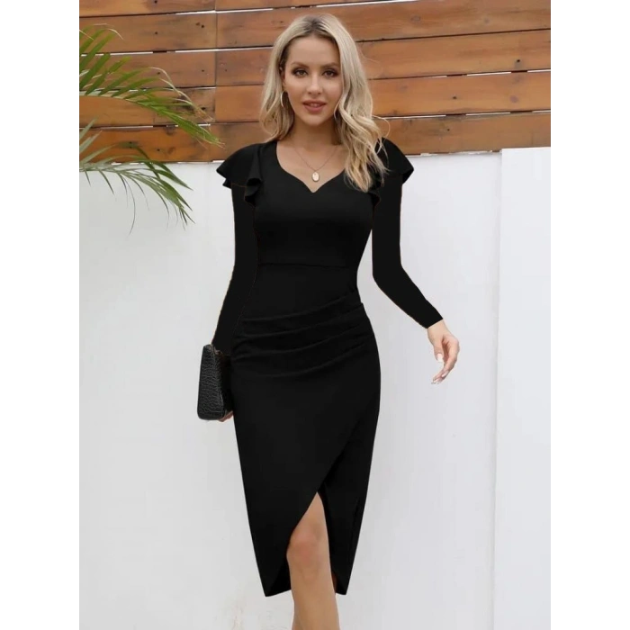 MARSiLYAN- Kadın Uzun Kollu Kalp Yaka önden çapraz Detaylı Midi Ithal Krep Elbise