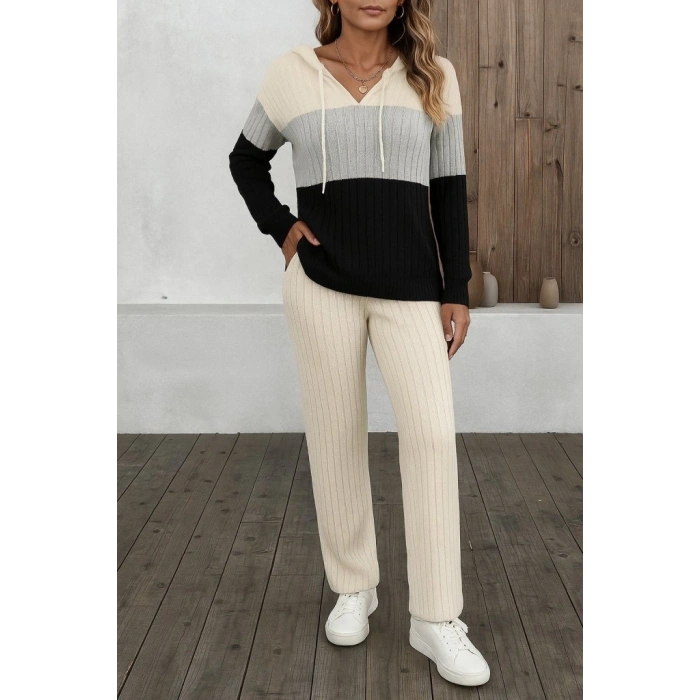 MARSiLYAN- Kadın Uzun Kollu Kapşonlu Bağcıklı Blok Renkli şardonlu Kaşkorse Bluz Ve Pantolon Ikili Takım