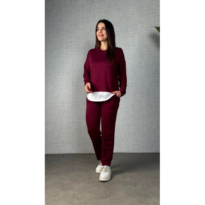 MARSiLYAN- Kadın Uzun Kollu Kapşonlu Bağcıklı Viskon Iki Iplik Bluz Ve Pantolon Ikili Takım