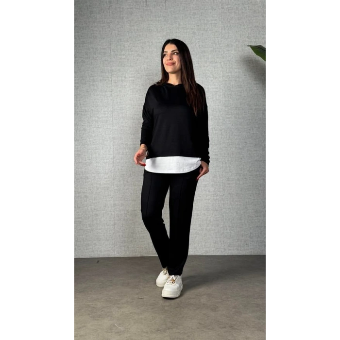 MARSiLYAN- Kadın Uzun Kollu Kapşonlu Bağcıklı Viskon Iki Iplik Bluz Ve Pantolon Ikili Takım