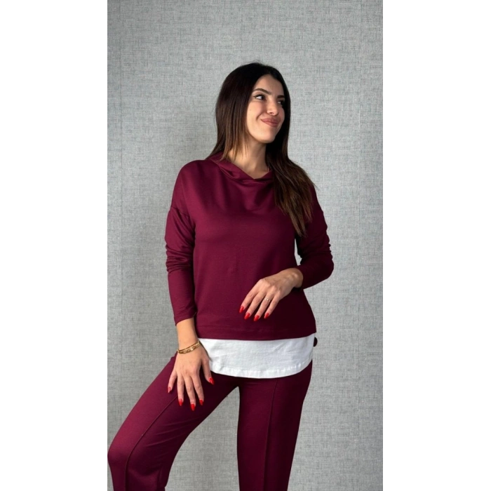 MARSiLYAN- Kadın Uzun Kollu Kapşonlu Bağcıklı Viskon Iki Iplik Bluz Ve Pantolon Ikili Takım