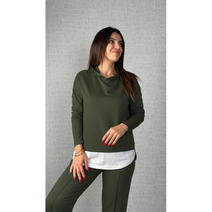 MARSiLYAN- Kadın Uzun Kollu Kapşonlu Bağcıklı Viskon Iki Iplik Bluz Ve Pantolon Ikili Takım