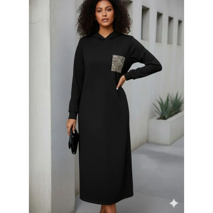 MARSiLYAN- Kadın Uzun Kollu Kapşonlu Cep Detaylı Viskon Iki Iplik Maxi Elbise