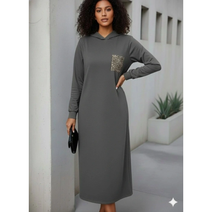 MARSiLYAN- Kadın Uzun Kollu Kapşonlu Cep Detaylı Viskon Iki Iplik Maxi Elbise