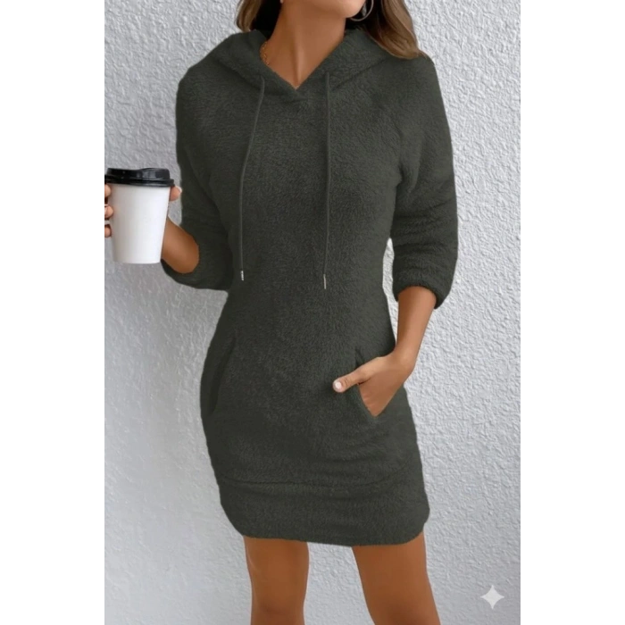 MARSiLYAN- Kadın Uzun Kollu Kapşonlu Cepli Mini Peluş Elbise