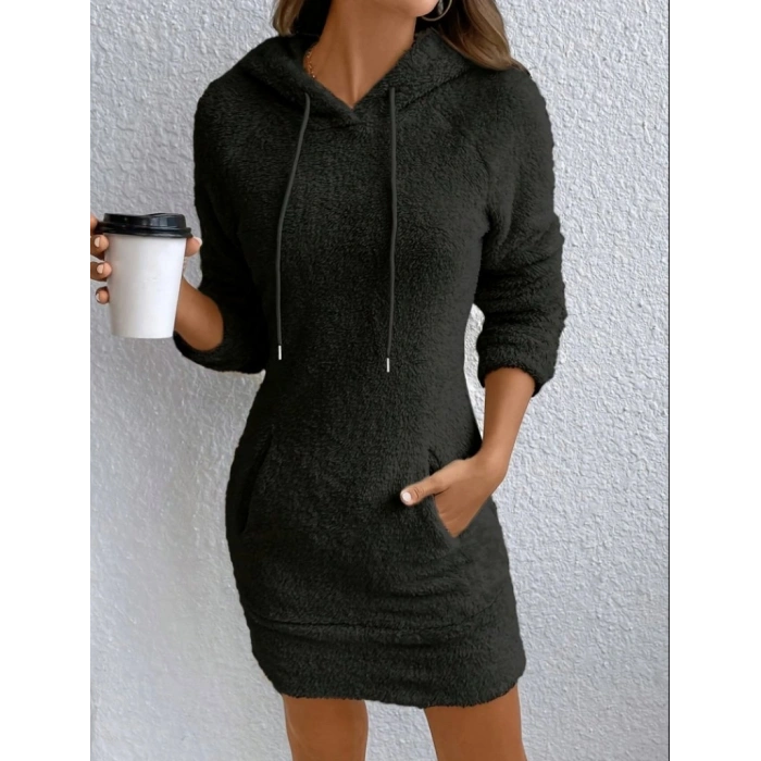 MARSiLYAN- Kadın Uzun Kollu Kapşonlu Cepli Mini Peluş Elbise