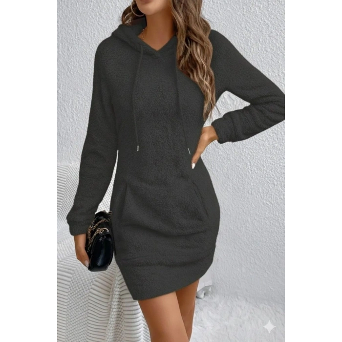 MARSiLYAN- Kadın Uzun Kollu Kapşonlu Cepli Mini Peluş Elbise