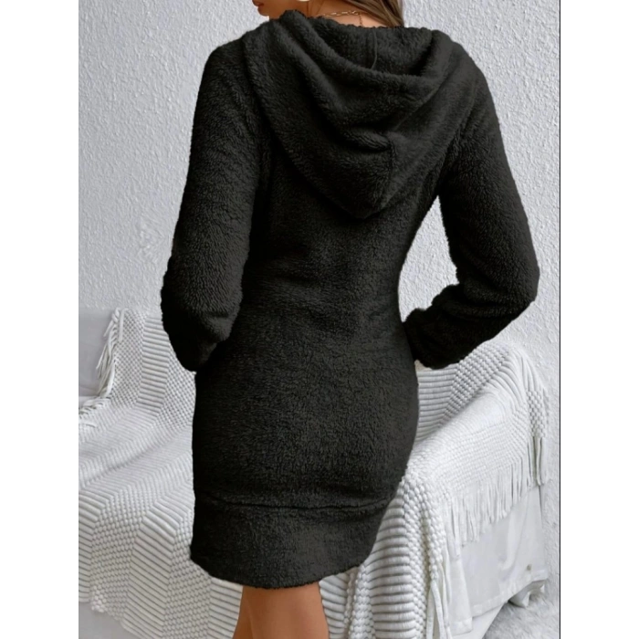 MARSiLYAN- Kadın Uzun Kollu Kapşonlu Cepli Mini Peluş Elbise