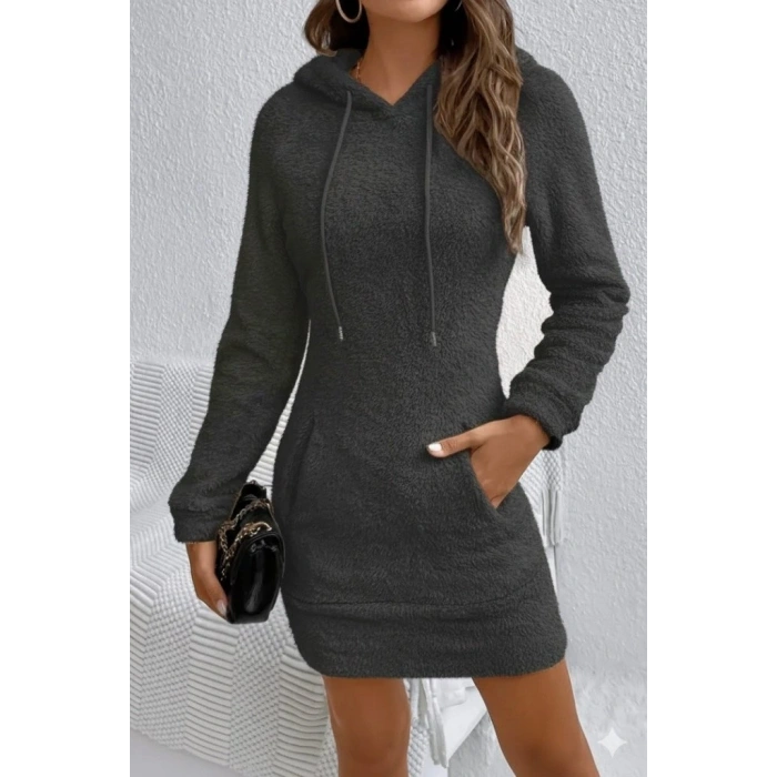 MARSiLYAN- Kadın Uzun Kollu Kapşonlu Cepli Mini Peluş Elbise