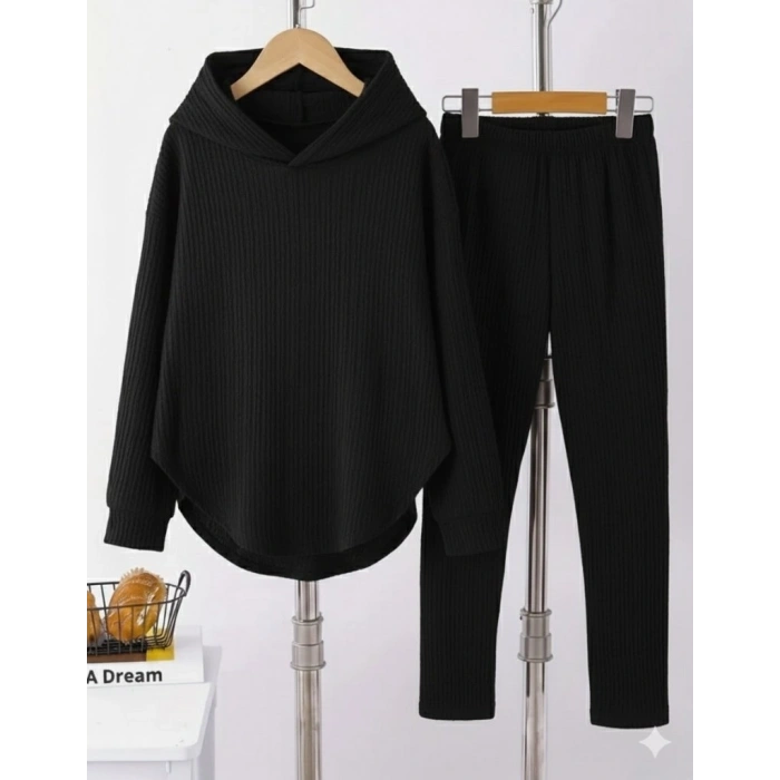 MARSiLYAN- Kadın Uzun Kollu Kapşonlu Meloni Bluz Ve Pantolon Ikili Takım