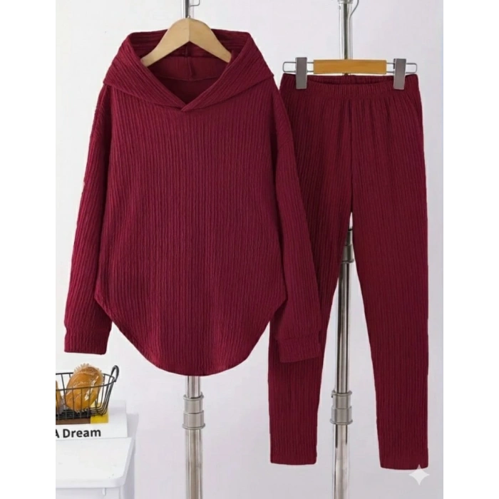 MARSiLYAN- Kadın Uzun Kollu Kapşonlu Meloni Bluz Ve Pantolon Ikili Takım