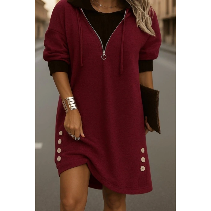 MARSiLYAN- Kadın Uzun Kollu Kapşonlu önden Fermuarlı Düğmeli Mini Iki Iplik Elbise