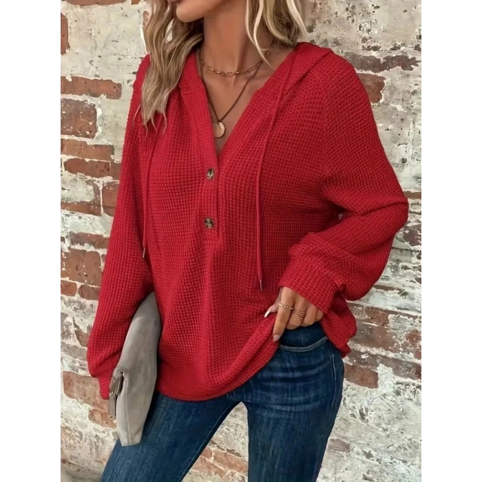 MARSiLYAN- Kadın Uzun Kollu Kapşonlu önü Düğmeli Ve Bağcıklı Waffle Bluz