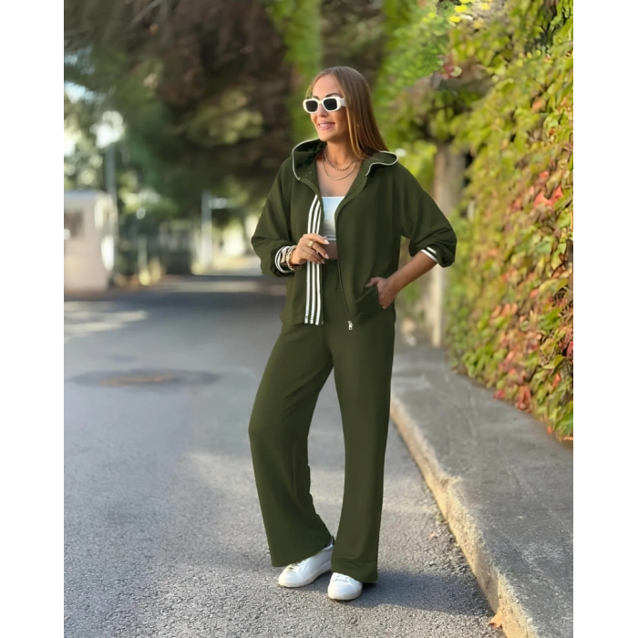MARSiLYAN- Kadın Uzun Kollu Kapşonlu Onu şerit Detaylı Fermuarlı Viskon Iki Iplik Bluz Ve Pantolon Ikili Takım