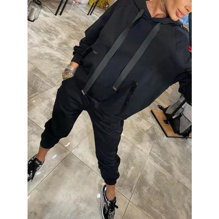 MARSiLYAN- Kadın Uzun Kollu Kapşonlu Pulpayet Detay Viskon Iki Iplik Bluz Ve Pantolon Ikili Takım