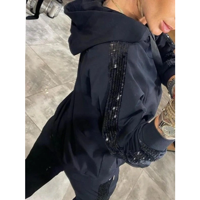 MARSiLYAN- Kadın Uzun Kollu Kapşonlu Pulpayet Detay Viskon Iki Iplik Bluz Ve Pantolon Ikili Takım