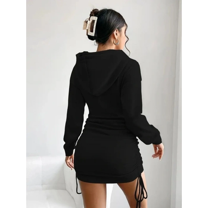 MARSiLYAN- Kadın Uzun Kollu Kapşonlu Yandan Büzgülü Mini Viskon Iki Iplik Elbise