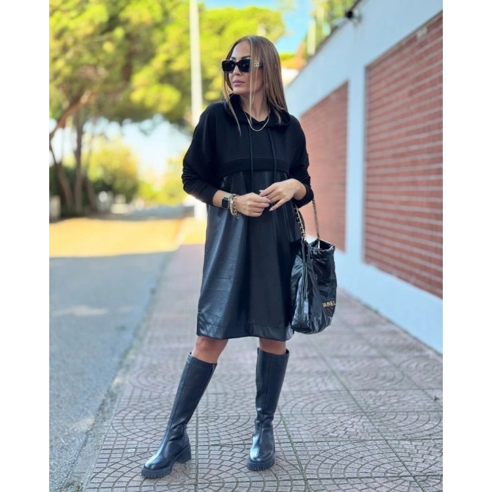 MARSiLYAN- Kadın Uzun Kollu Kapüşon Ve Deri Detay Diz üstü Elbise