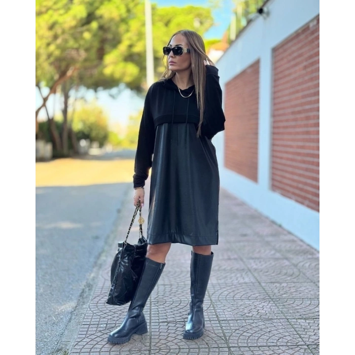 MARSiLYAN- Kadın Uzun Kollu Kapüşon Ve Deri Detay Diz üstü Elbise