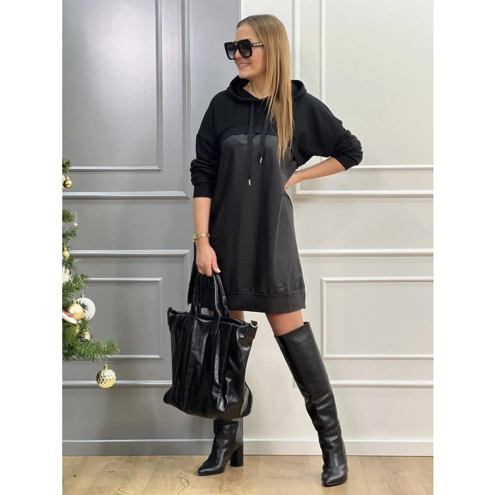 MARSiLYAN- Kadın Uzun Kollu Kapüşon Ve Deri Detay Diz üstü Elbise
