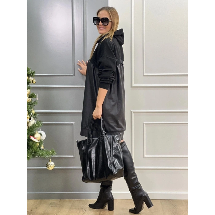 MARSiLYAN- Kadın Uzun Kollu Kapüşon Ve Deri Detay Diz üstü Elbise