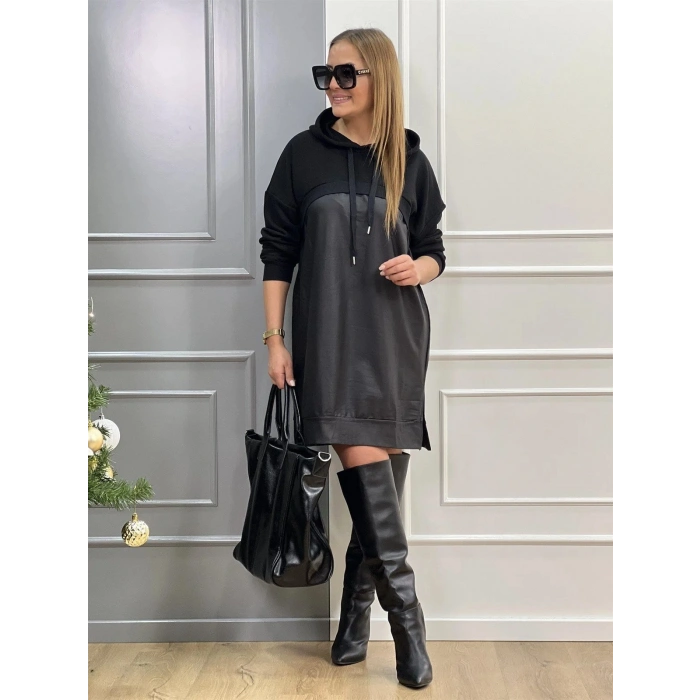 MARSiLYAN- Kadın Uzun Kollu Kapüşon Ve Deri Detay Diz üstü Elbise