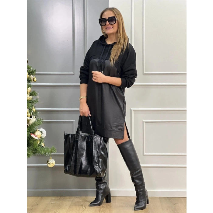 MARSiLYAN- Kadın Uzun Kollu Kapüşon Ve Deri Detay Diz üstü Elbise