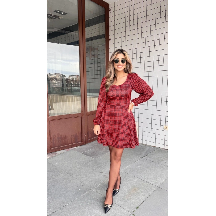 MARSiLYAN- Kadın Uzun Kollu Kare Kalp Yakalı Mini Modal Elbise
