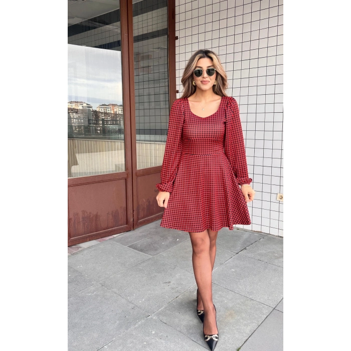 MARSiLYAN- Kadın Uzun Kollu Kare Kalp Yakalı Mini Modal Elbise